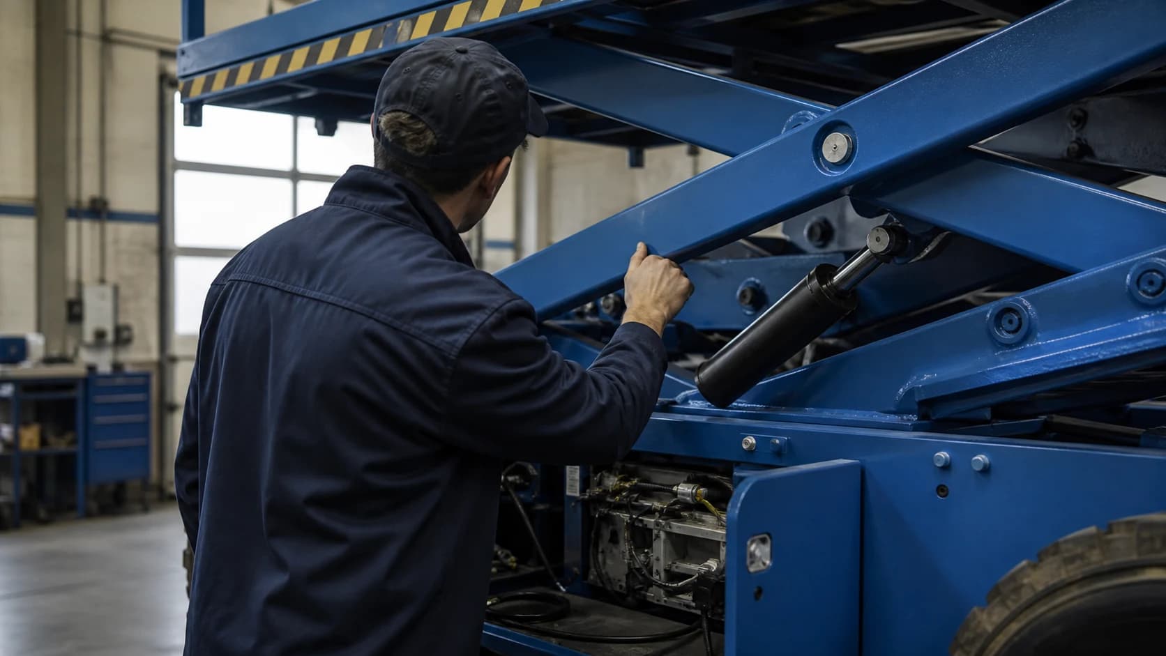 Technicien contrôlant le mécanisme à ciseaux et le vérin d’une plateforme élévatrice.