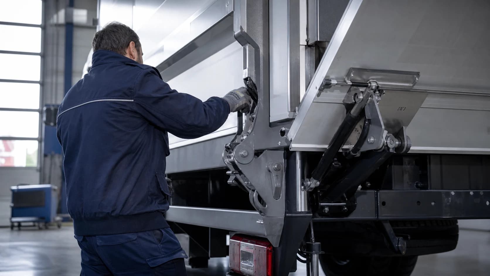 Technicien intervenant sur le hayon élévateur d’un camion en atelier.