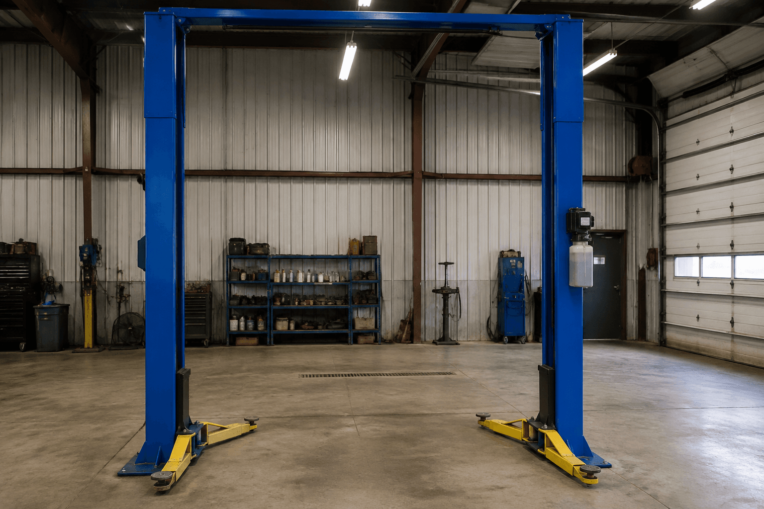 Pont élévateur à deux colonnes installé dans un atelier vide, bras repliés au sol.