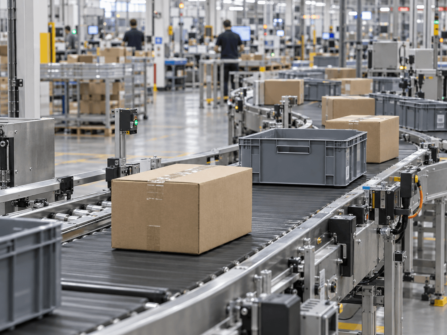 Convoyeur industriel récent dans une plateforme logistique active.