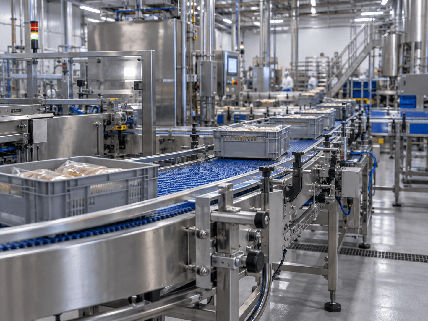 Convoyeur de production en activité dans une usine contemporaine.