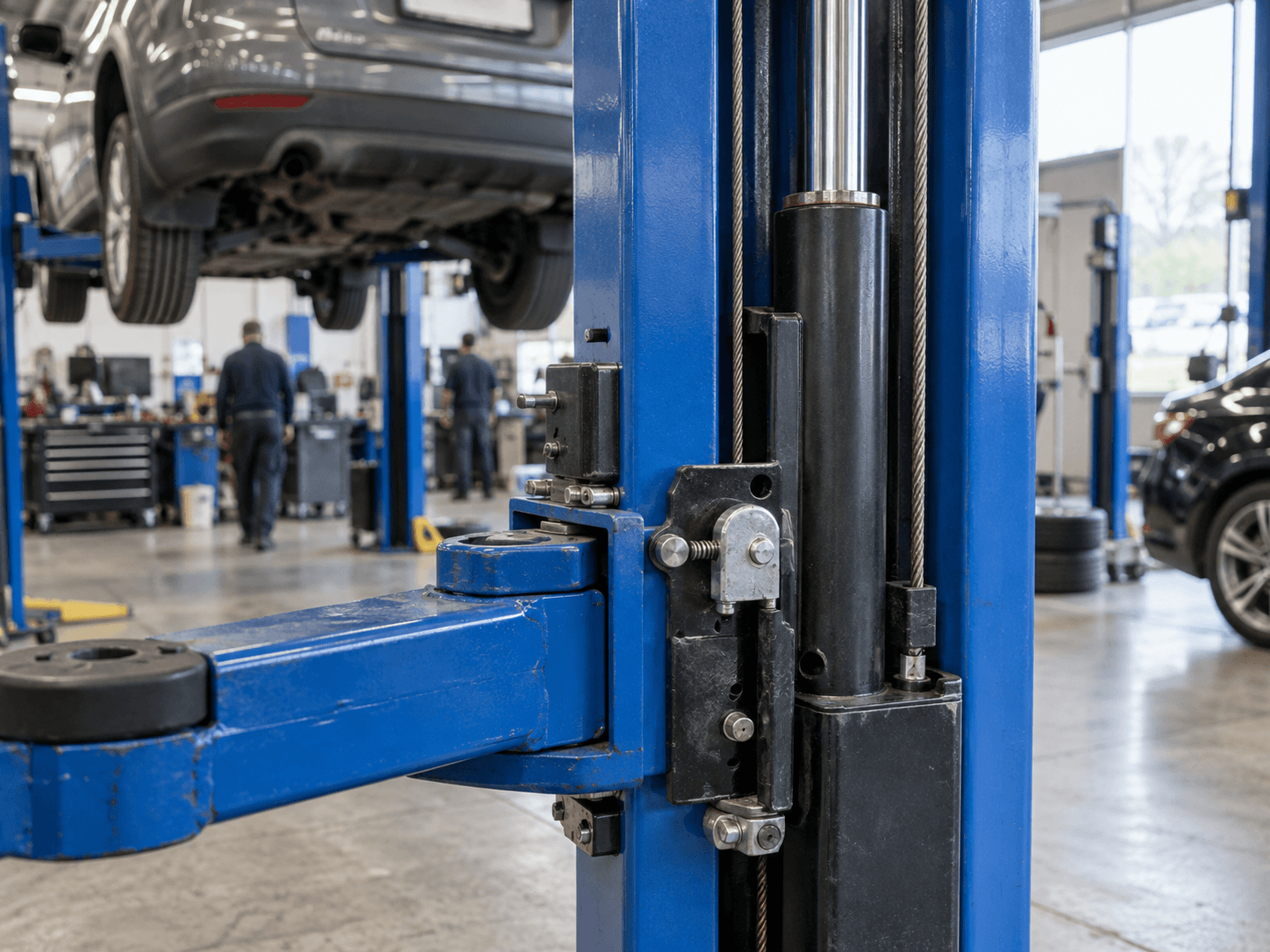 Ancrages d’un pont élévateur moderne dans un garage professionnel.