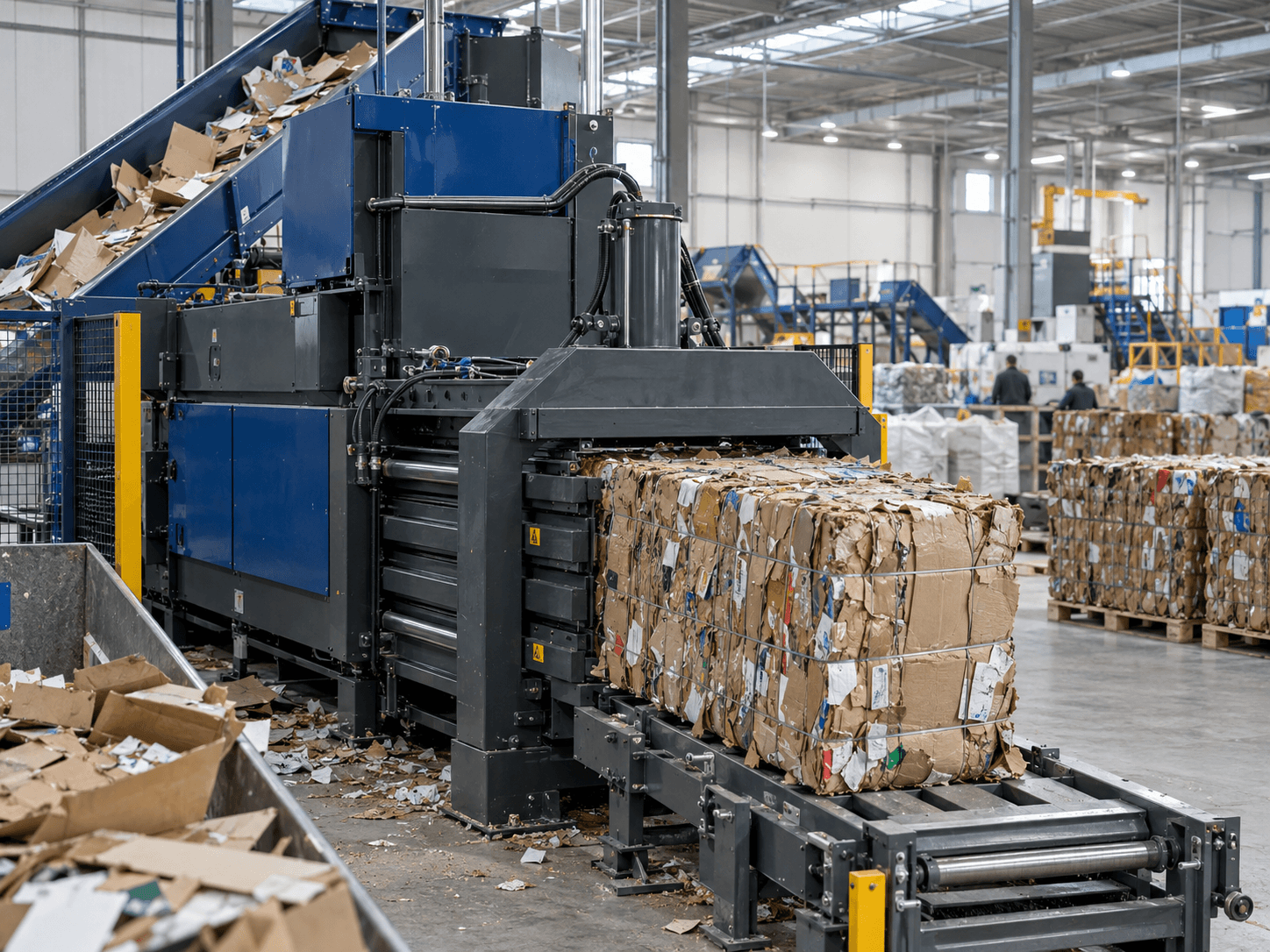 Presse à balles moderne dans un centre de recyclage actif.