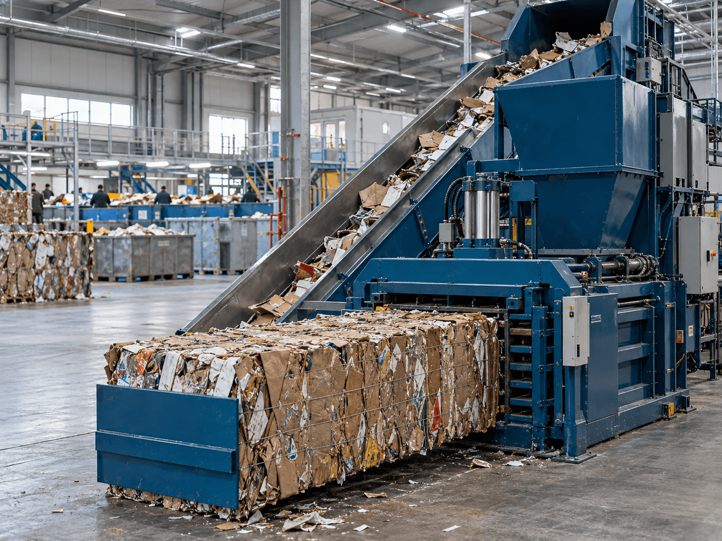 Presse de compactage récente avec convoyeur d’alimentation.