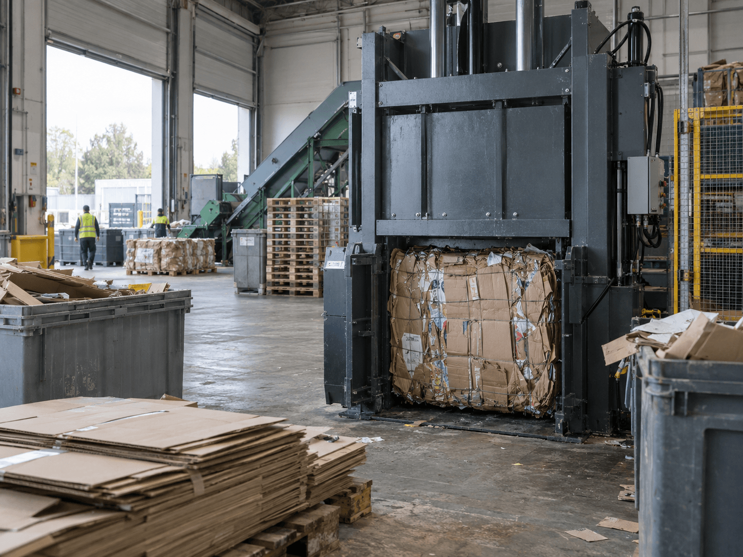 Presse de compactage moderne sur un site de recyclage.