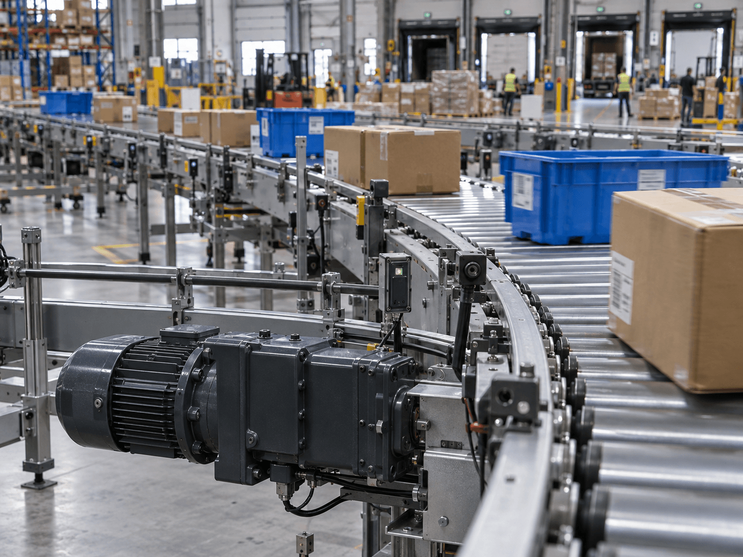 Motoréducteur de convoyeur dans un centre logistique actif.