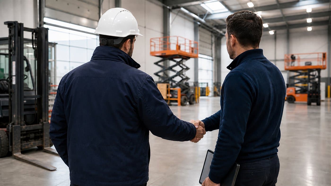 Technicien AF Inspection avec un partenaire professionnel devant des équipements de levage