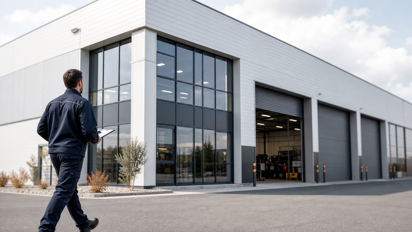 Technicien AF Inspection devant un site industriel